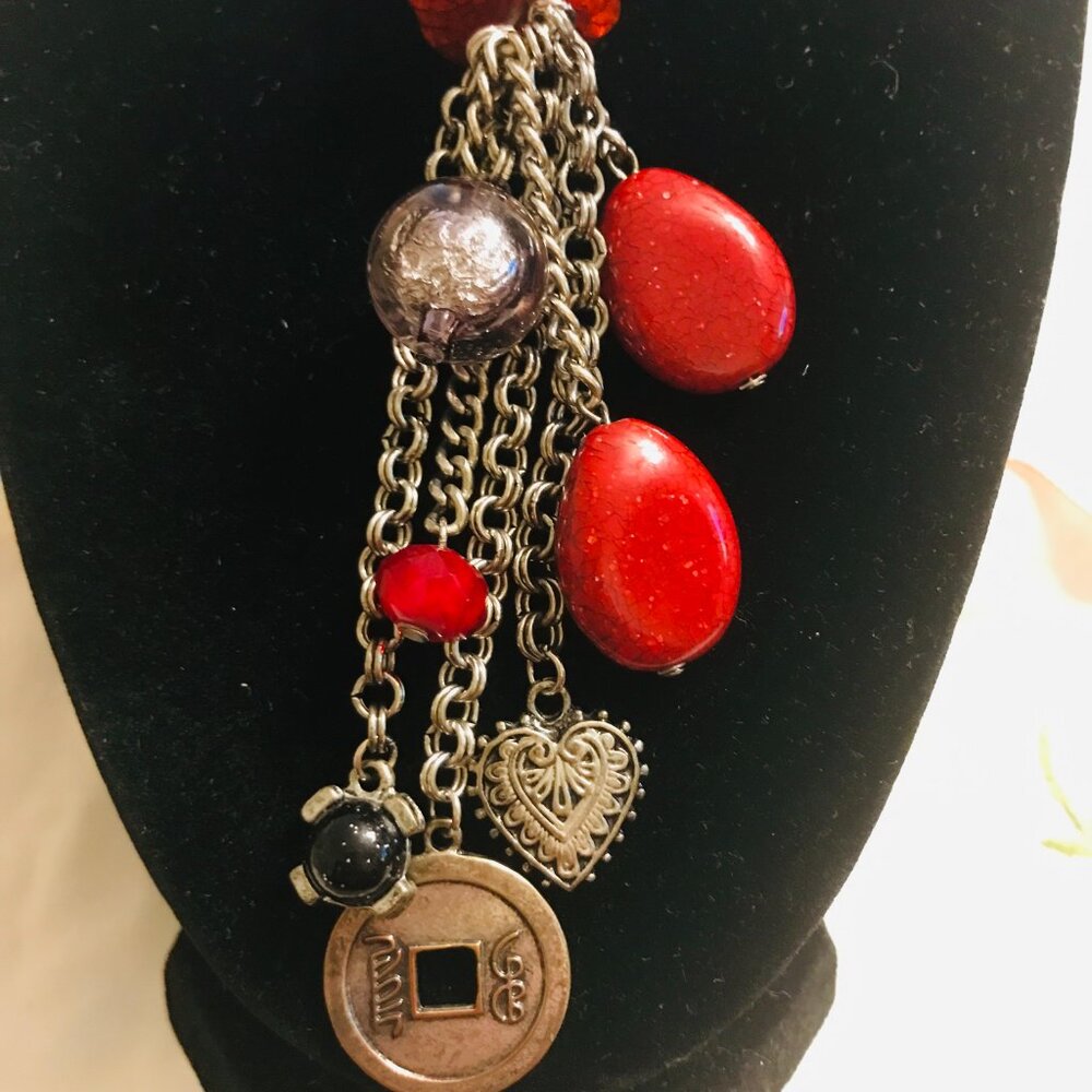 Chico's Asian Inspired Black Cord Charm Necklace with Lucky Chinese Fortune Coin